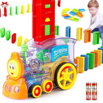 Colorful toy train set with dominoes and a child playing in the background