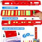 Red domino track with colorful dominoes and instructions on a white background