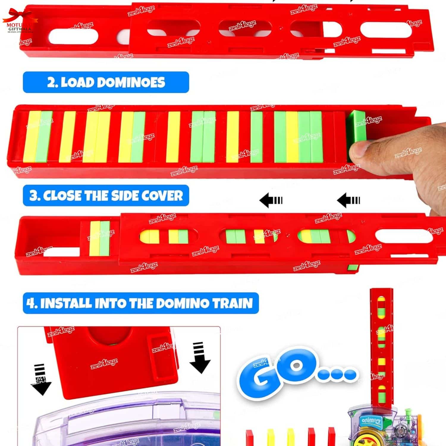 Red domino track with colorful dominoes and instructions on a white background