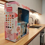 Toy kitchen set packaging on a kitchen counter