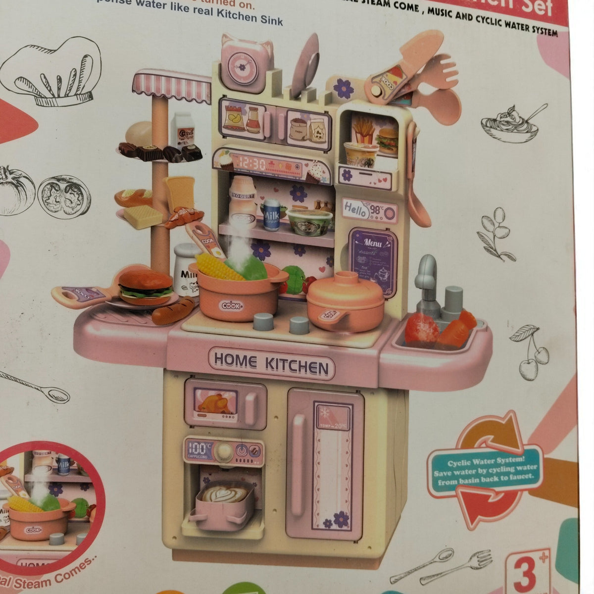 Toy kitchen set on a colorful packaging background