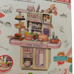 Toy kitchen set on a colorful packaging background