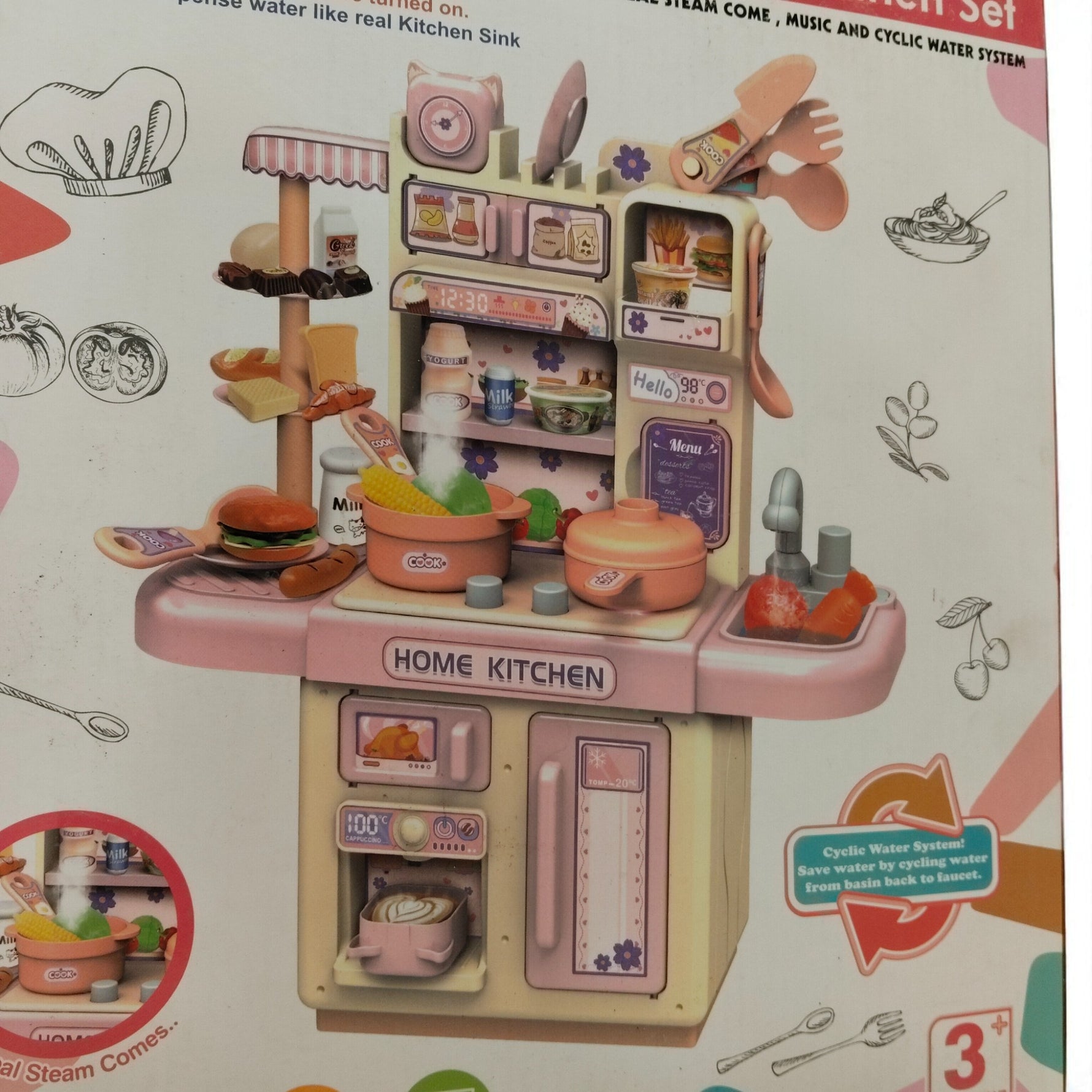 Toy kitchen set on a colorful packaging background