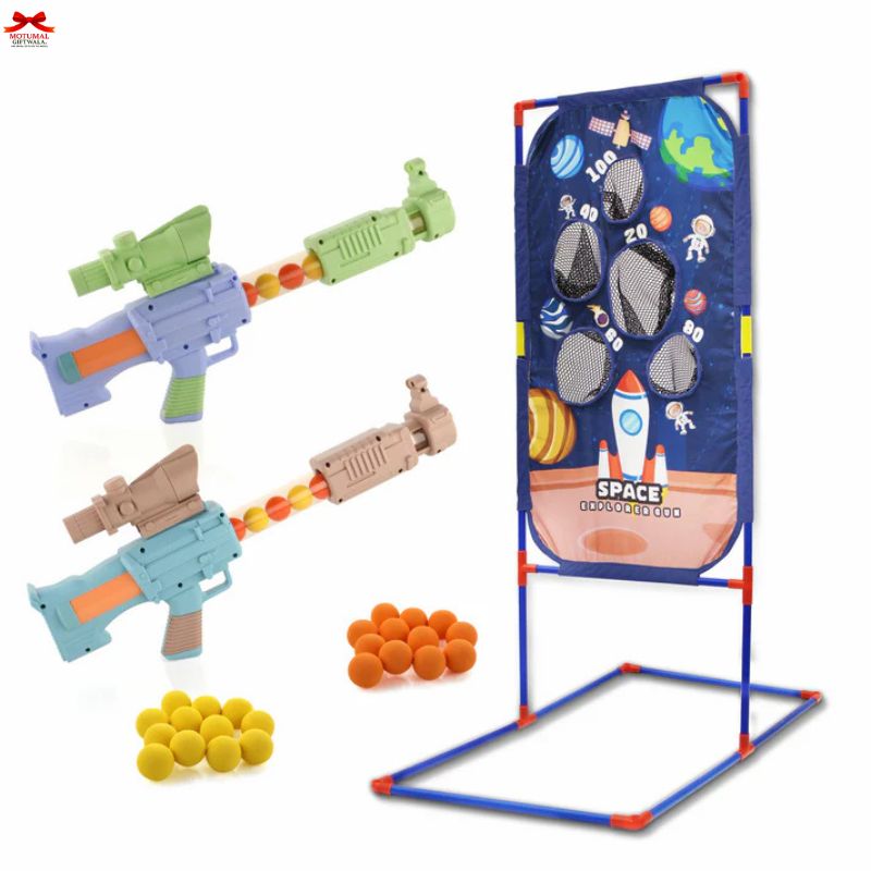 Toy gun set with a space-themed target and balls on a white background