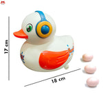 Colorful rubber duck with measurements on a white background