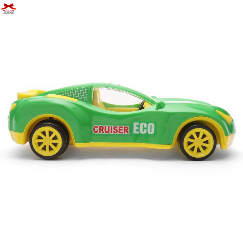 Green toy car with yellow accents and 'Cruiser Eco' branding on a white background