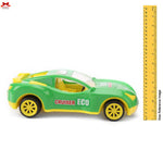 Green and yellow toy car labeled 'Cruiser Eco' with a ruler for scale on a white background