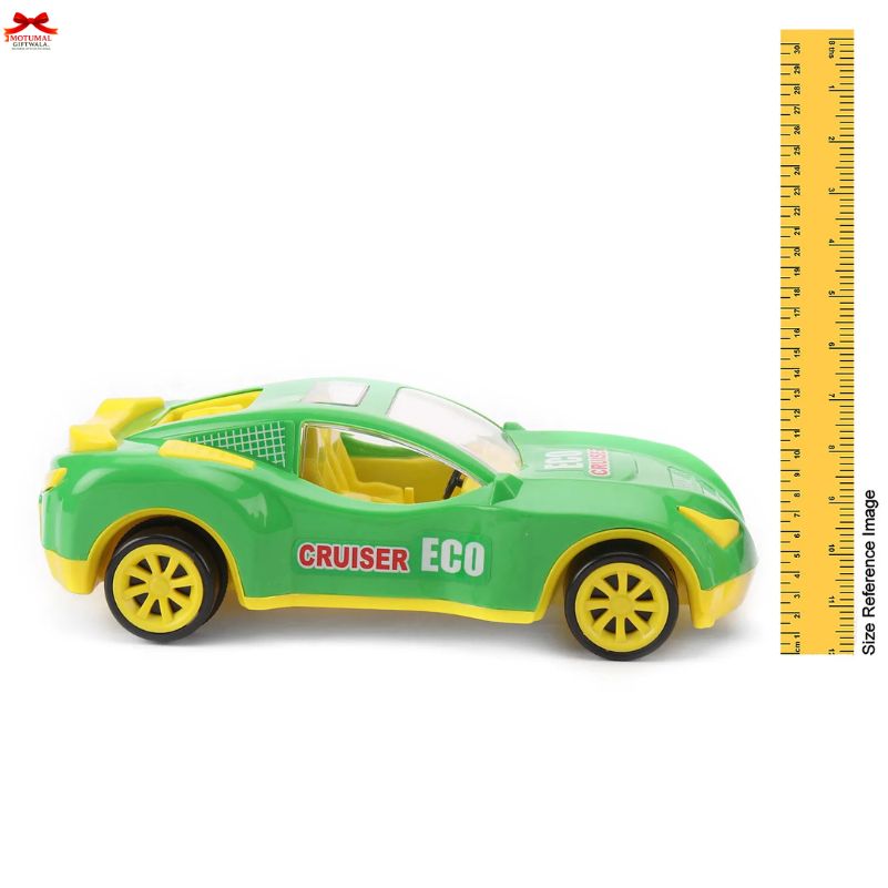 Green and yellow toy car labeled 'Cruiser Eco' with a ruler for scale on a white background