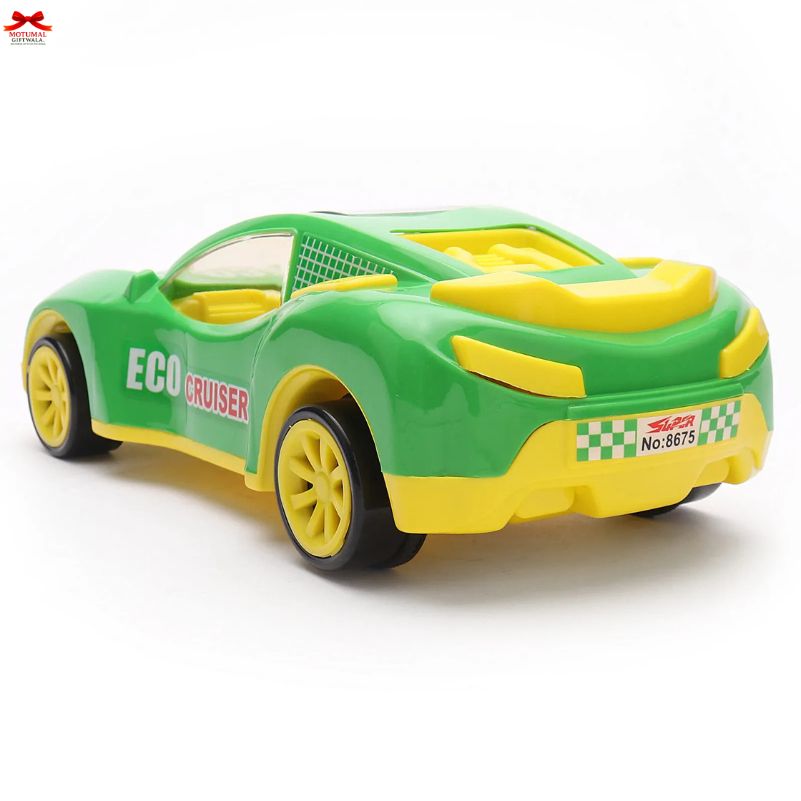 Toy car with green and yellow colors on a white background