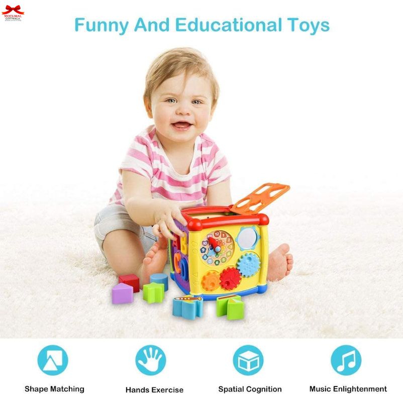 Child playing with a colorful educational toy on a white background