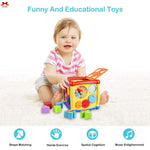 Child playing with a colorful educational toy on a white background