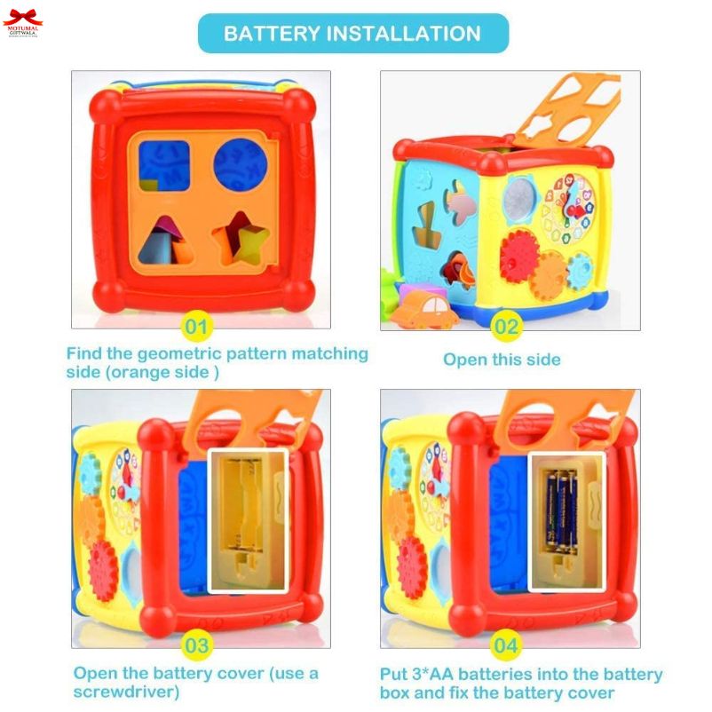 Instructions for installing batteries in a colorful toy structure with geometric pattern matching side.