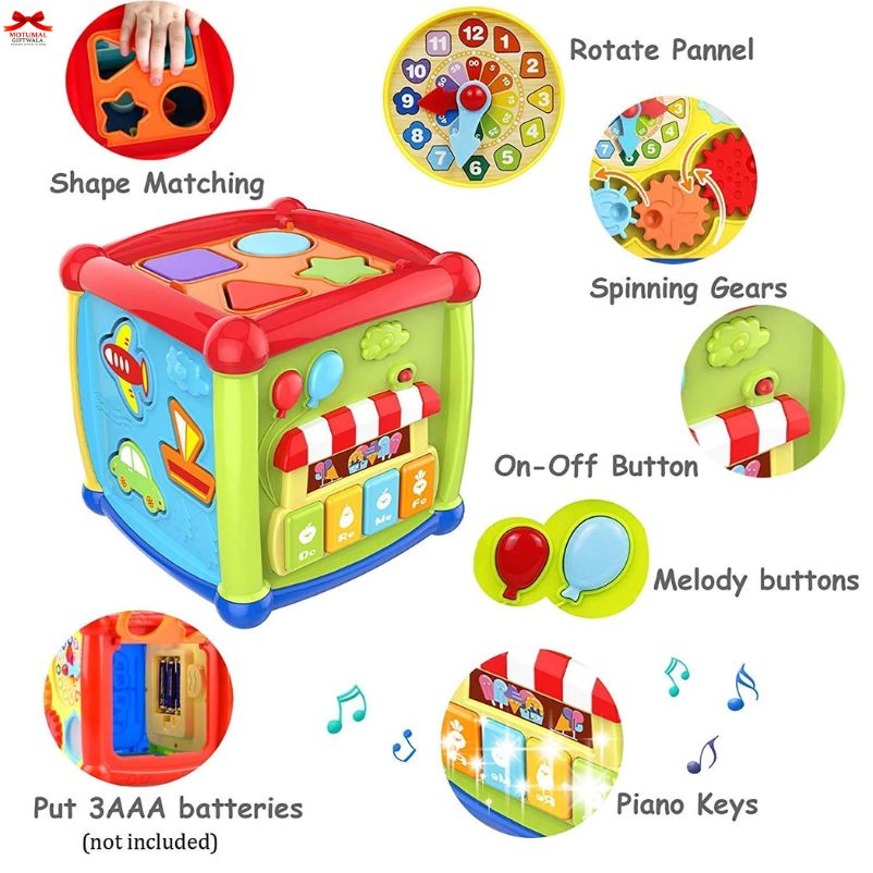 Colorful educational toy cube with various interactive features on a white background