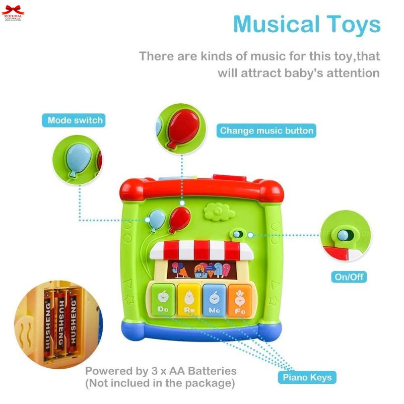 Children's musical toy with labeled parts on a white background