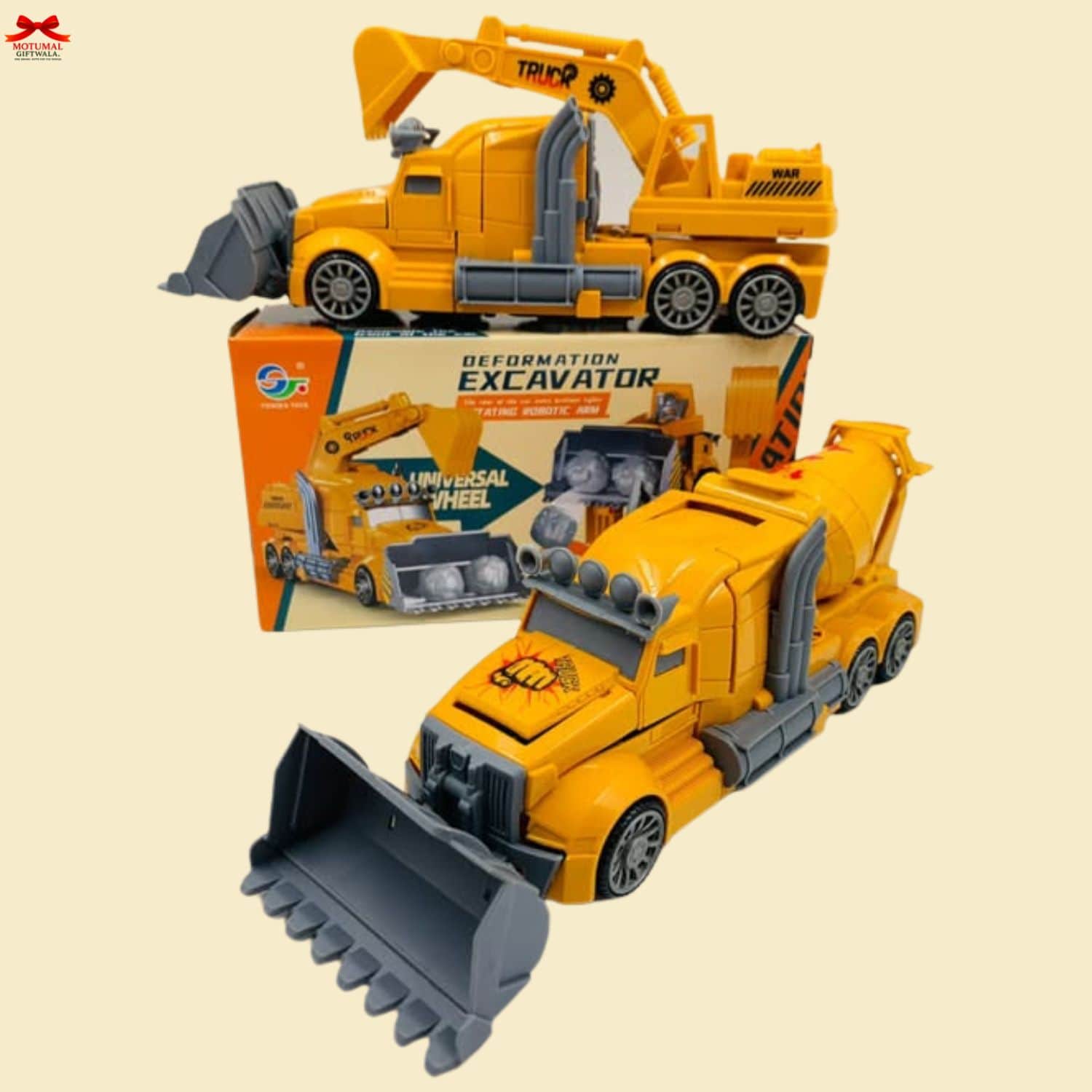 Toy excavator with on a beige background