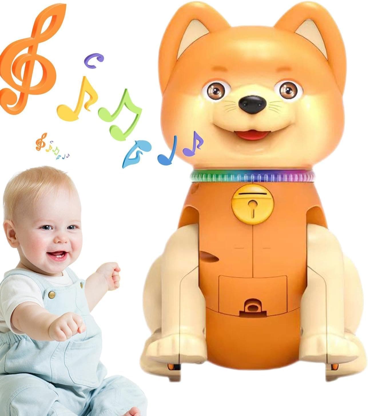 Child playing with a toy dog and musical notes above it