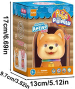 Toy packaging with a dog illustration and dimensions displayed