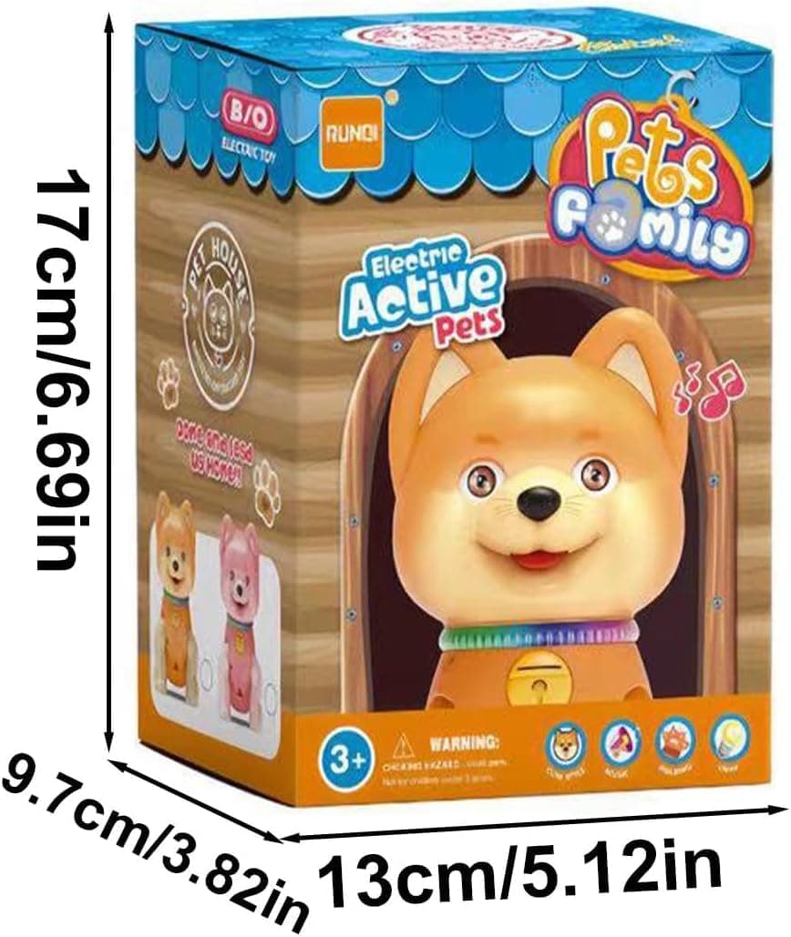 Toy packaging with a dog illustration and dimensions displayed