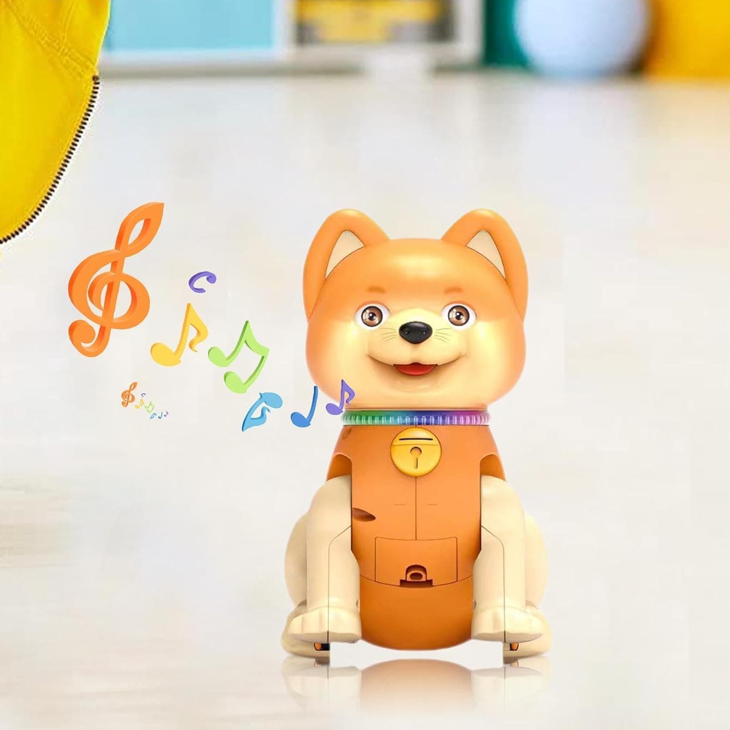 Toy dog with musical notes on a light background