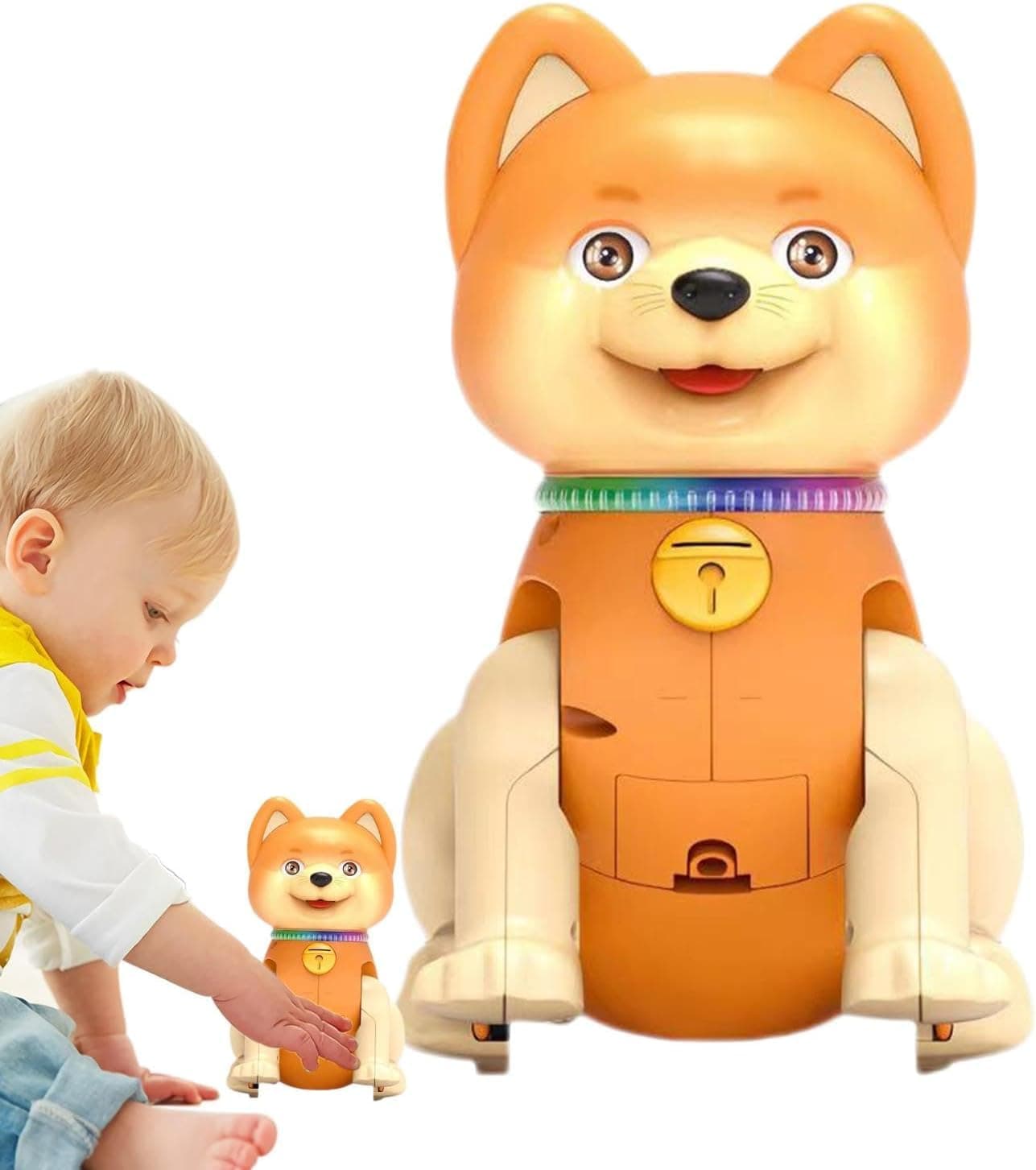 Child playing with a large orange robot dog toy on a white background