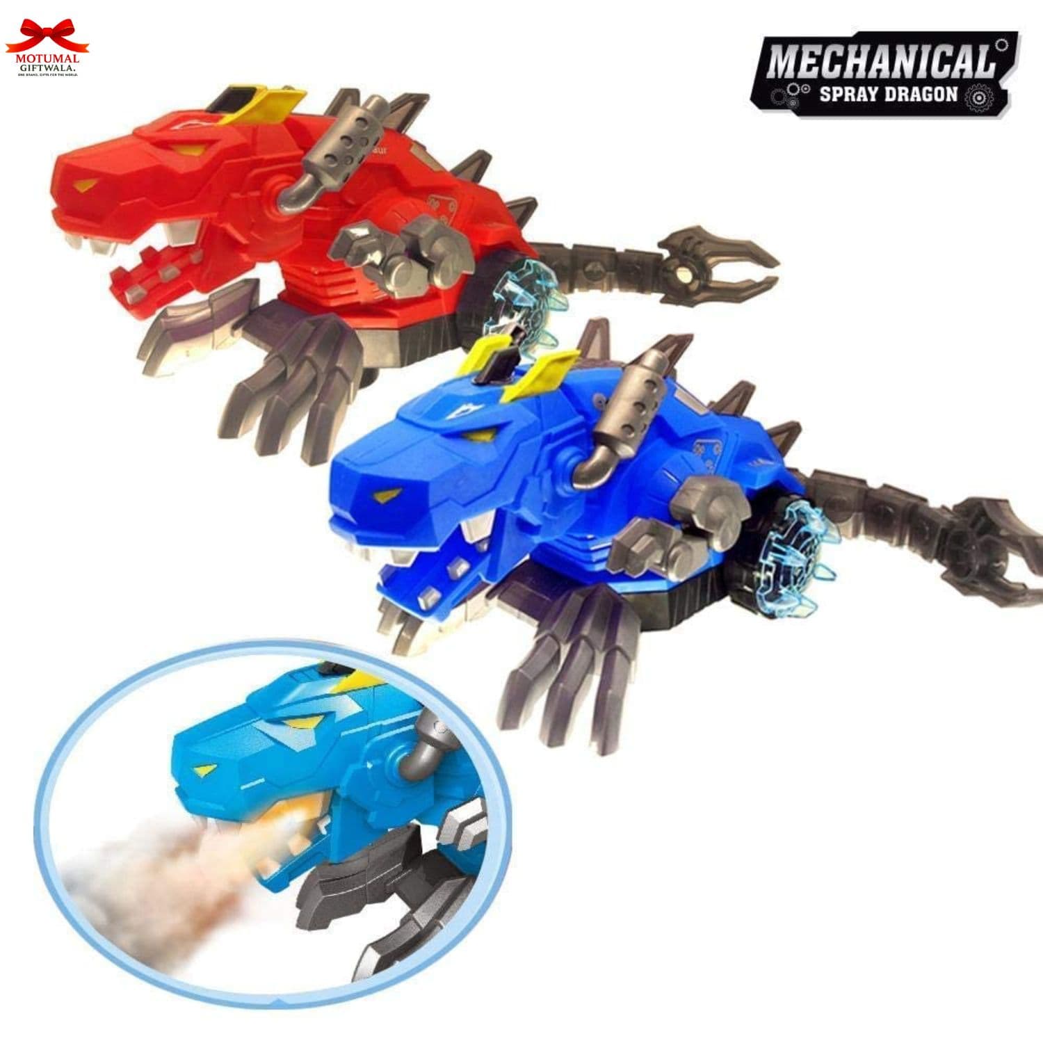 Toy mechanical dragon with red and blue colors, featuring a close-up of the blue part spraying water.