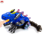 Toy dinosaur with blue body, gray limbs, and colorful effects on a white background
