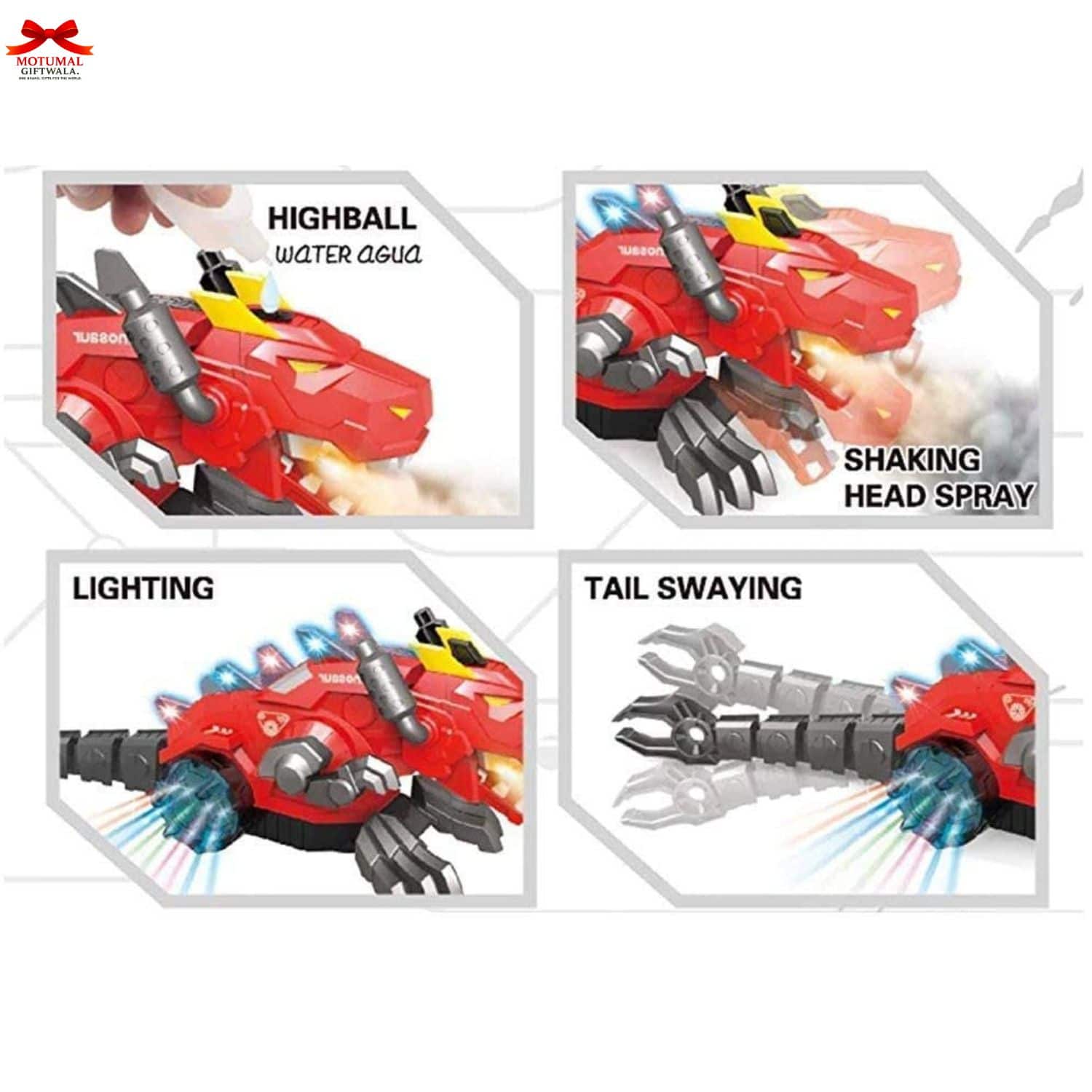 Red toy with various features labeled on a white background