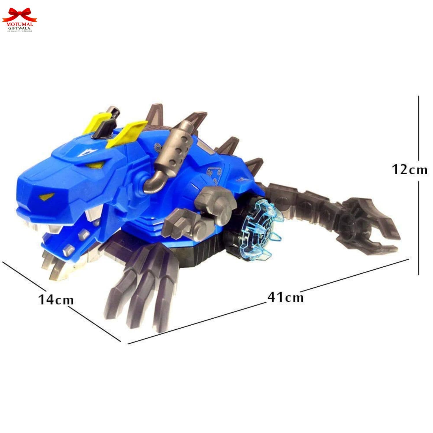 Toy dinosaur with measurements on a white background