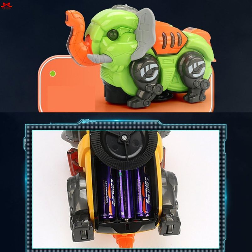 Toy elephant that transforms into a robot with visible batteries inside.