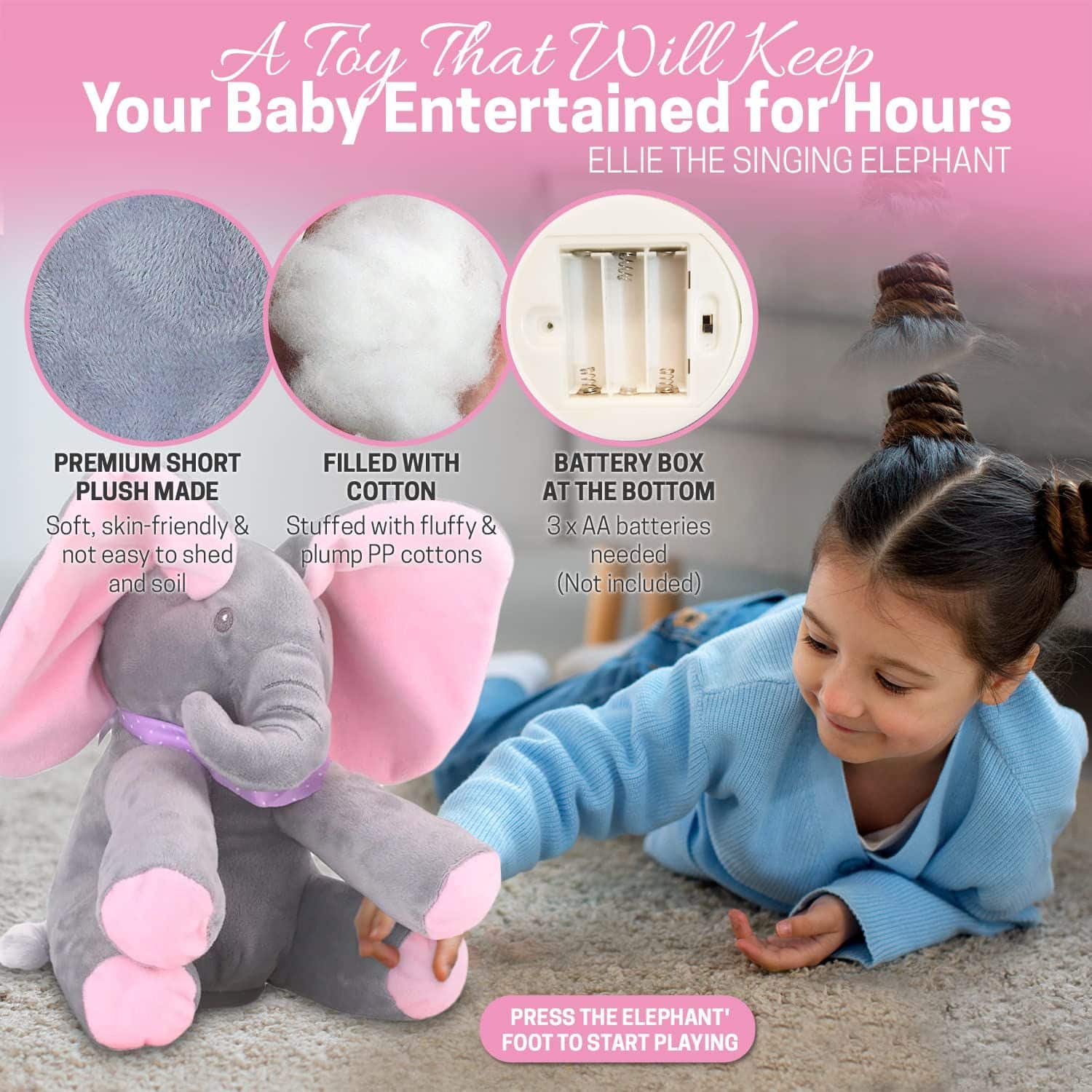 Singing elephant toy with features and a child playing with it, on a pink background.