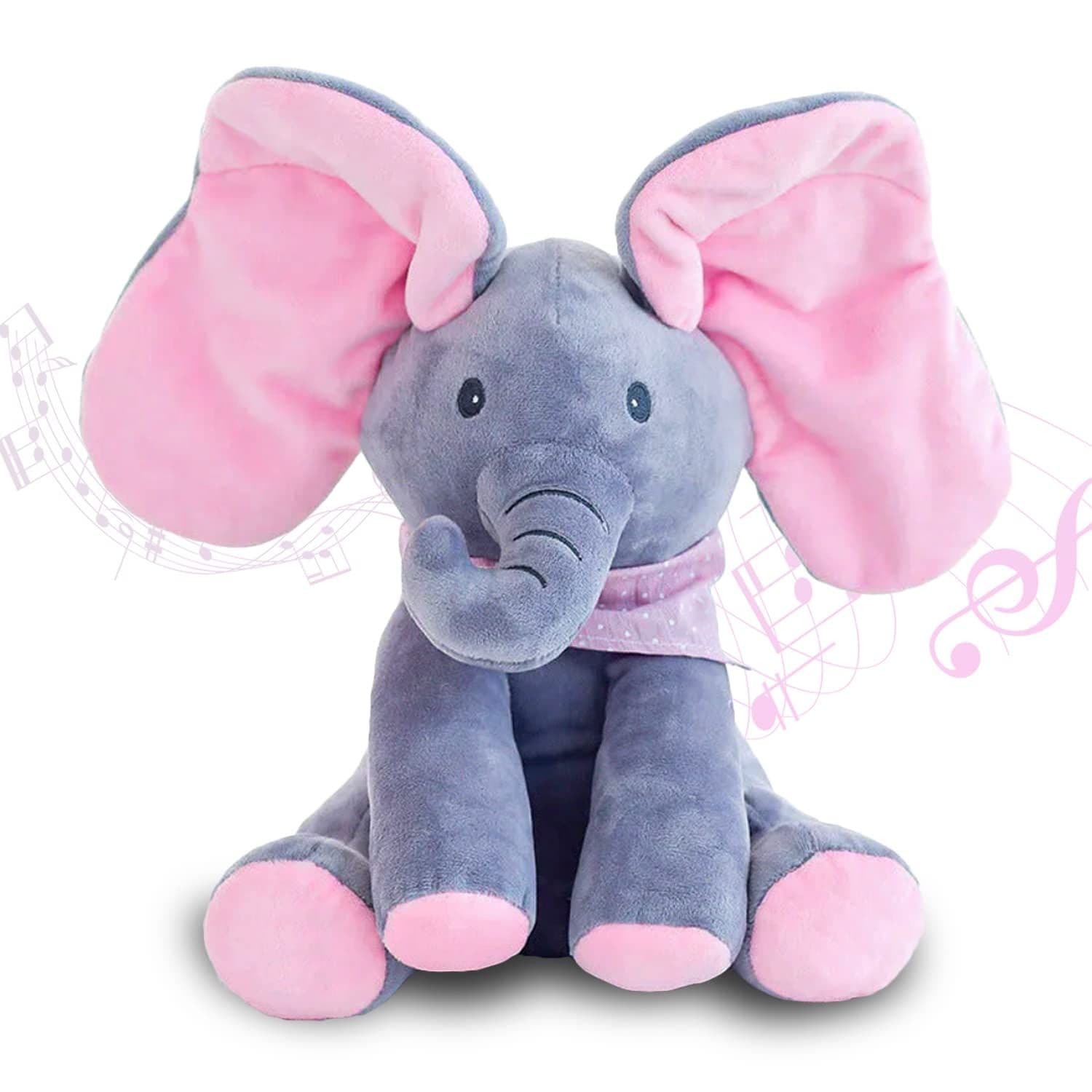 Plush elephant toy with pink ears and feet on a white background