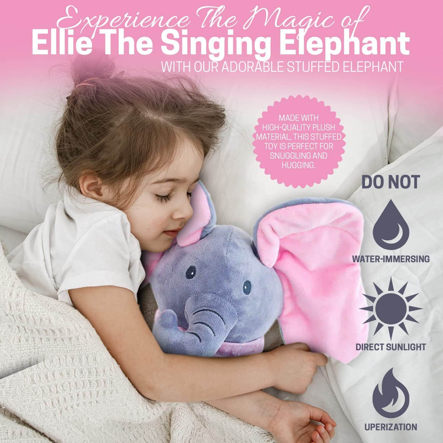 Child holding a plush elephant toy with text about the product and care instructions.