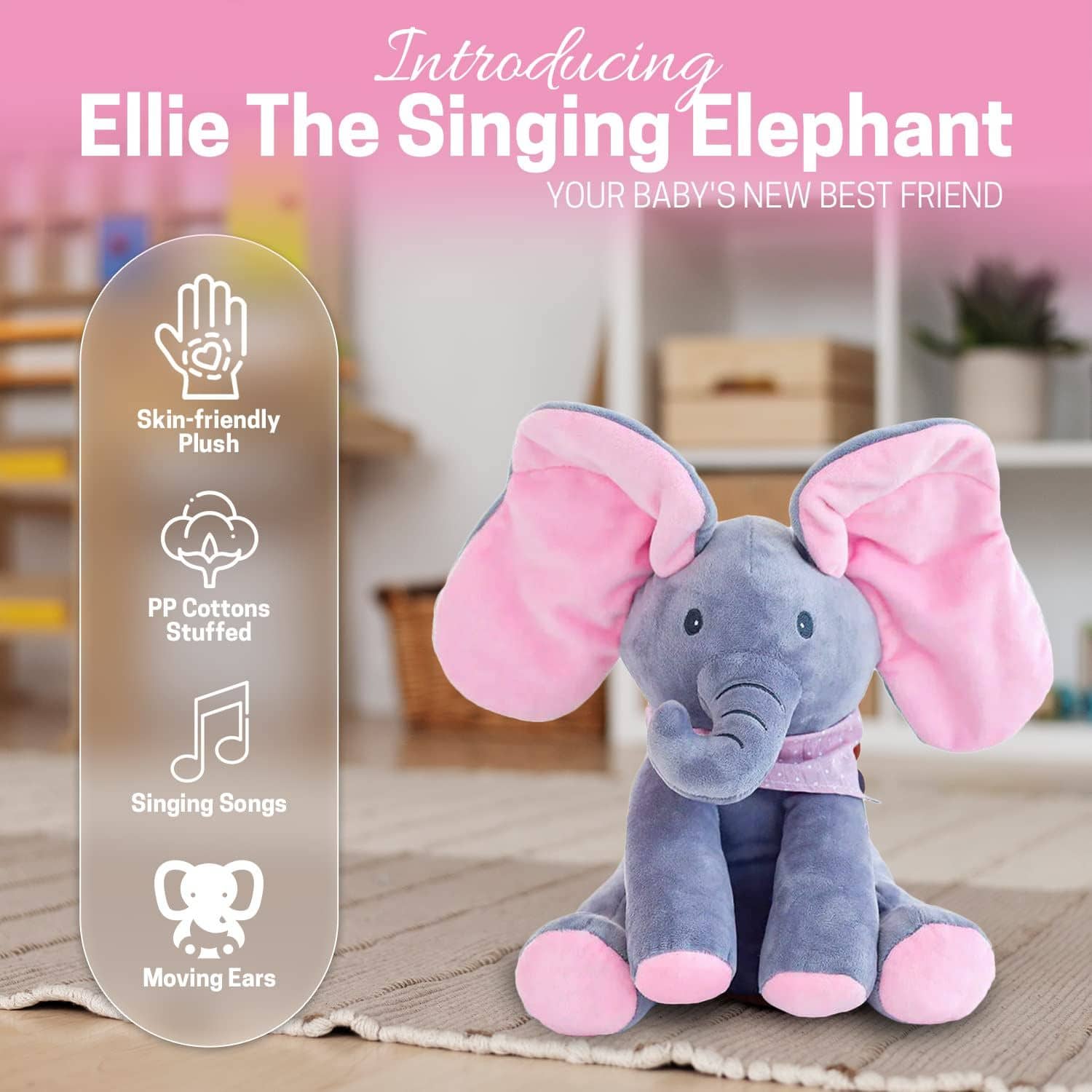 Plush elephant toy with pink ears and a transparent card detailing features, on a soft surface.