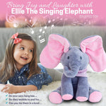 Stuffed elephant toy with pink ears and a smiling girl on a couch, promotional text about the toy's features.