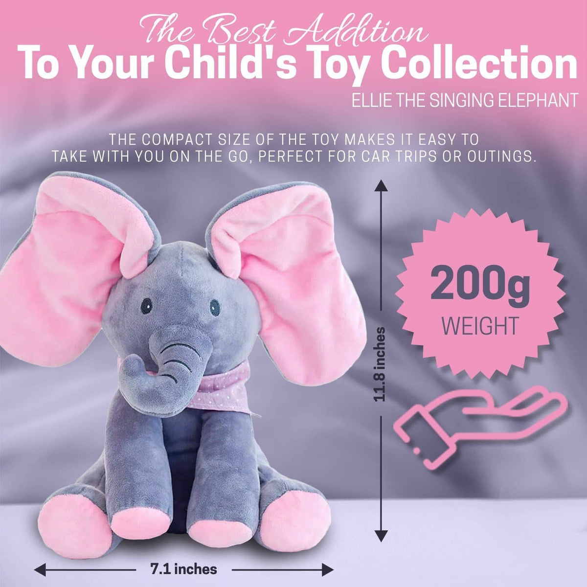Plush elephant toy with pink ears and feet, labeled as 'Ellie the Singing Elephant', on a purple background.