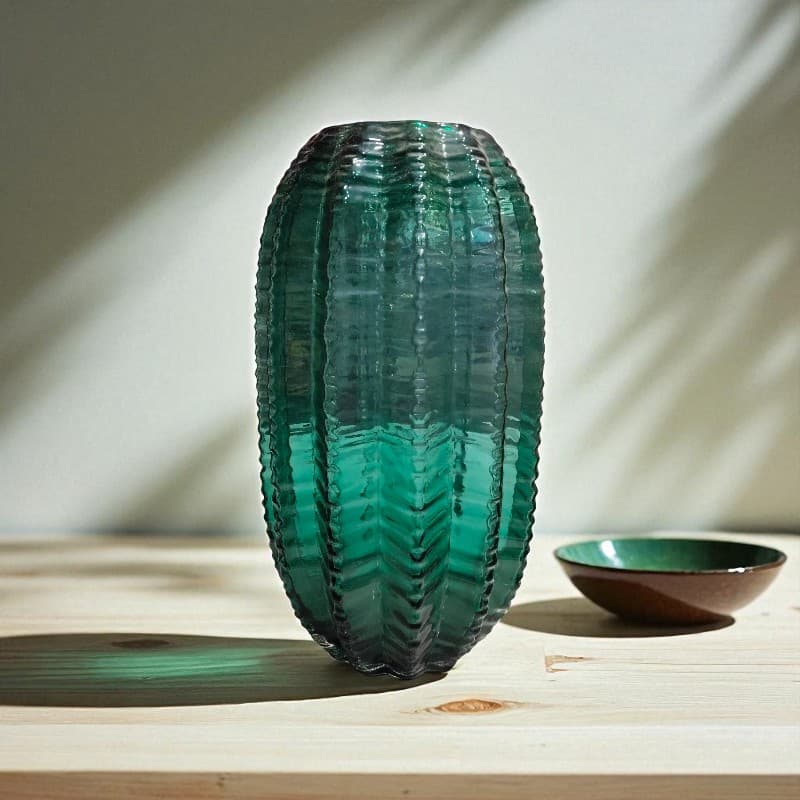 Green textured vase on a wooden surface with a soft light background