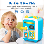 Blue face recognition ATM piggy bank for kids with coin slot and automatic cash deposit feature, musical note graphics around it