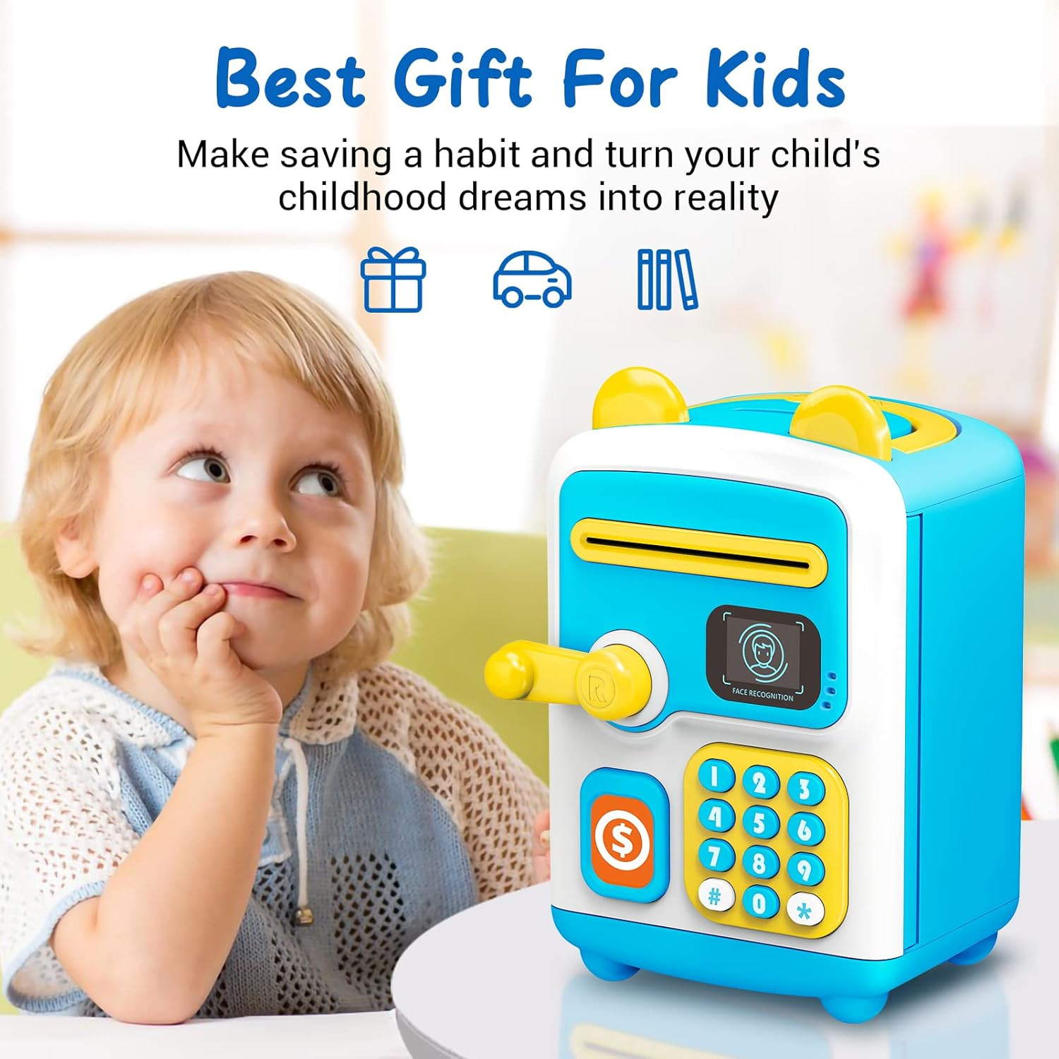 Blue face recognition ATM piggy bank for kids with coin slot and automatic cash deposit feature, musical note graphics around it
