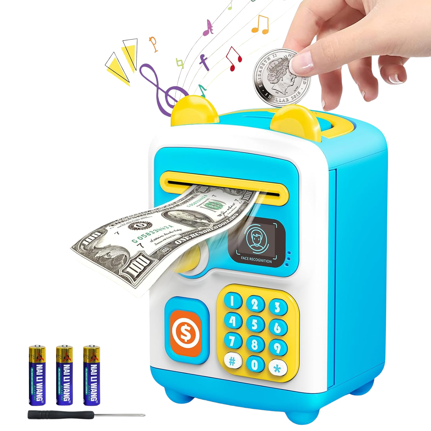 Mother and son playing with blue electronic ATM piggy bank toy on the floor, cute styling design text above