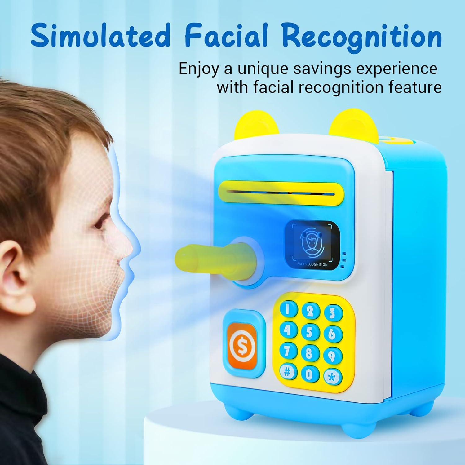 Child using simulated facial recognition feature on blue ATM piggy bank toy for a unique savings experience