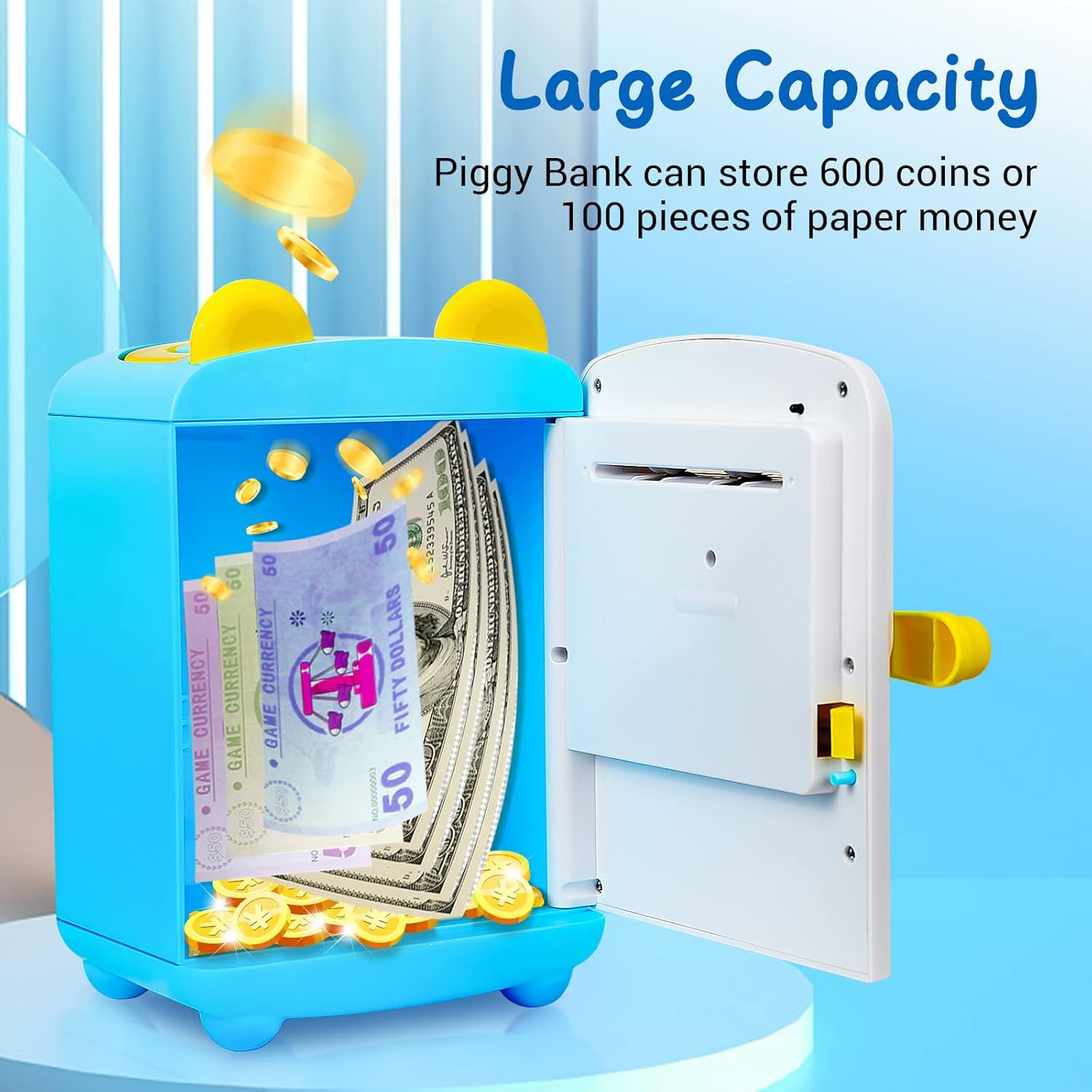 Open blue ATM piggy bank toy showing large capacity storing coins and paper money