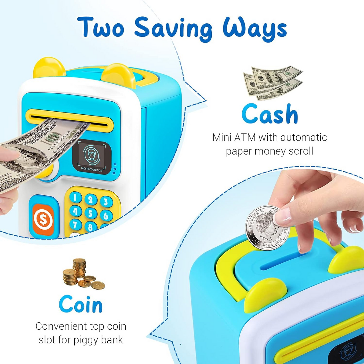 Blue face recognition ATM piggy bank toy for children highlighting safe ABS material, durability and rounded corner design