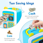 Blue face recognition ATM piggy bank toy for children highlighting safe ABS material, durability and rounded corner design