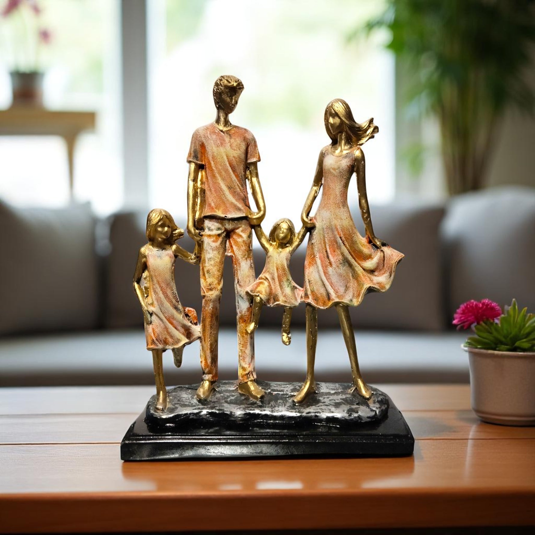 Golden Family Sculpture of 4 – Parents and Two Daughters Walking