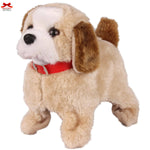 Plush dog toy with a red collar on a white background