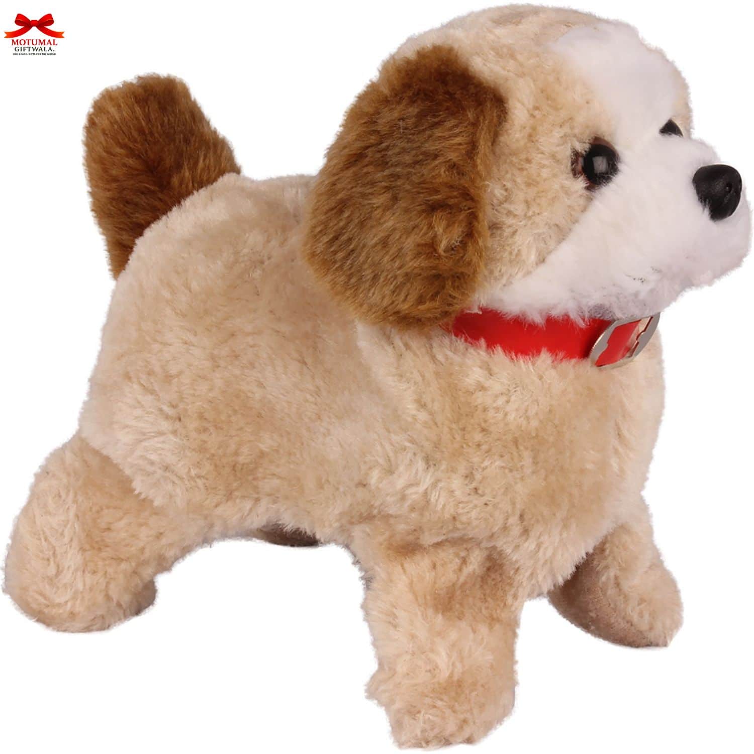 Plush dog toy with a red collar on a white background