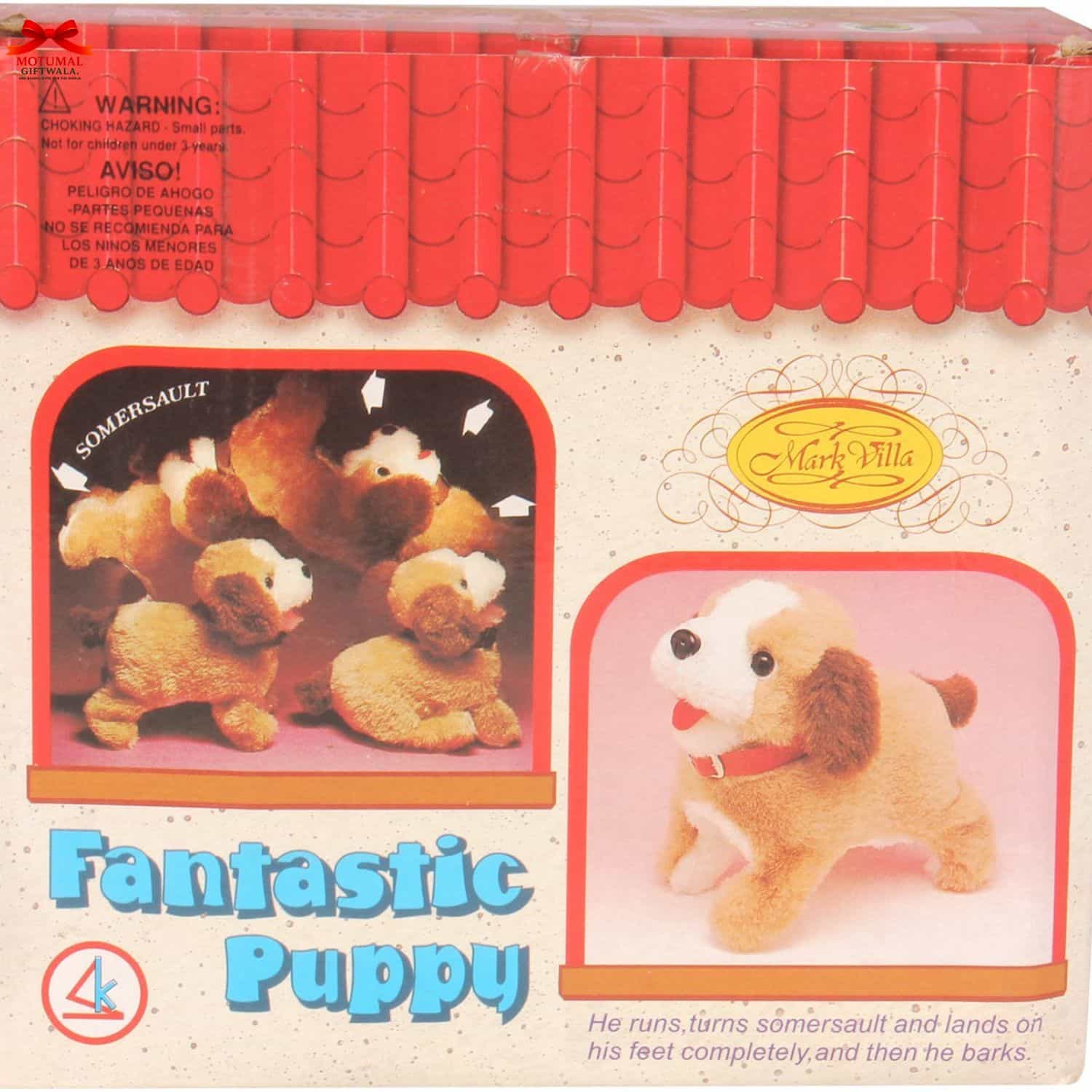Vintage toy box for a 'Fantastic Puppy' with images of puppies and text on a red and beige background.