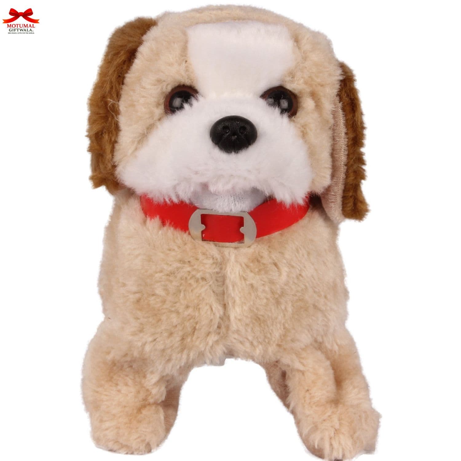 Plush dog toy with a red collar on a white background