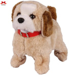 Plush dog toy with a red collar on a white background