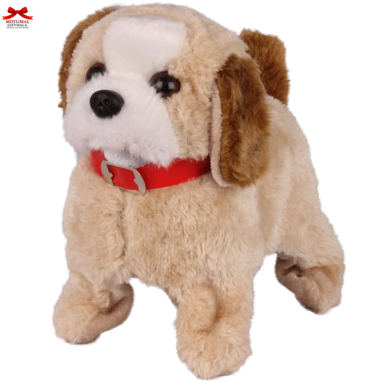 Plush dog toy with a red collar on a white background